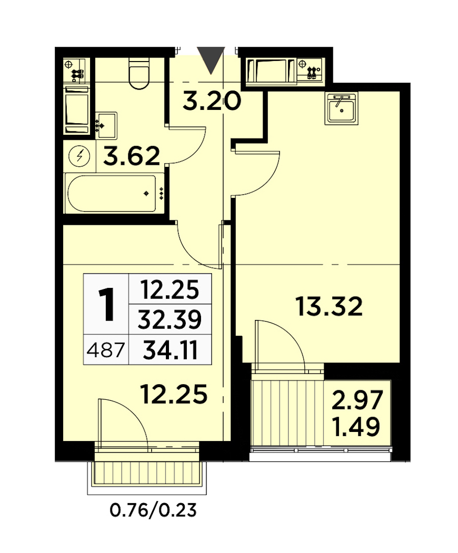 1-комнатная квартира 34.11 м², 13/14 эт., ЖК «GloraX City Zanevsky»